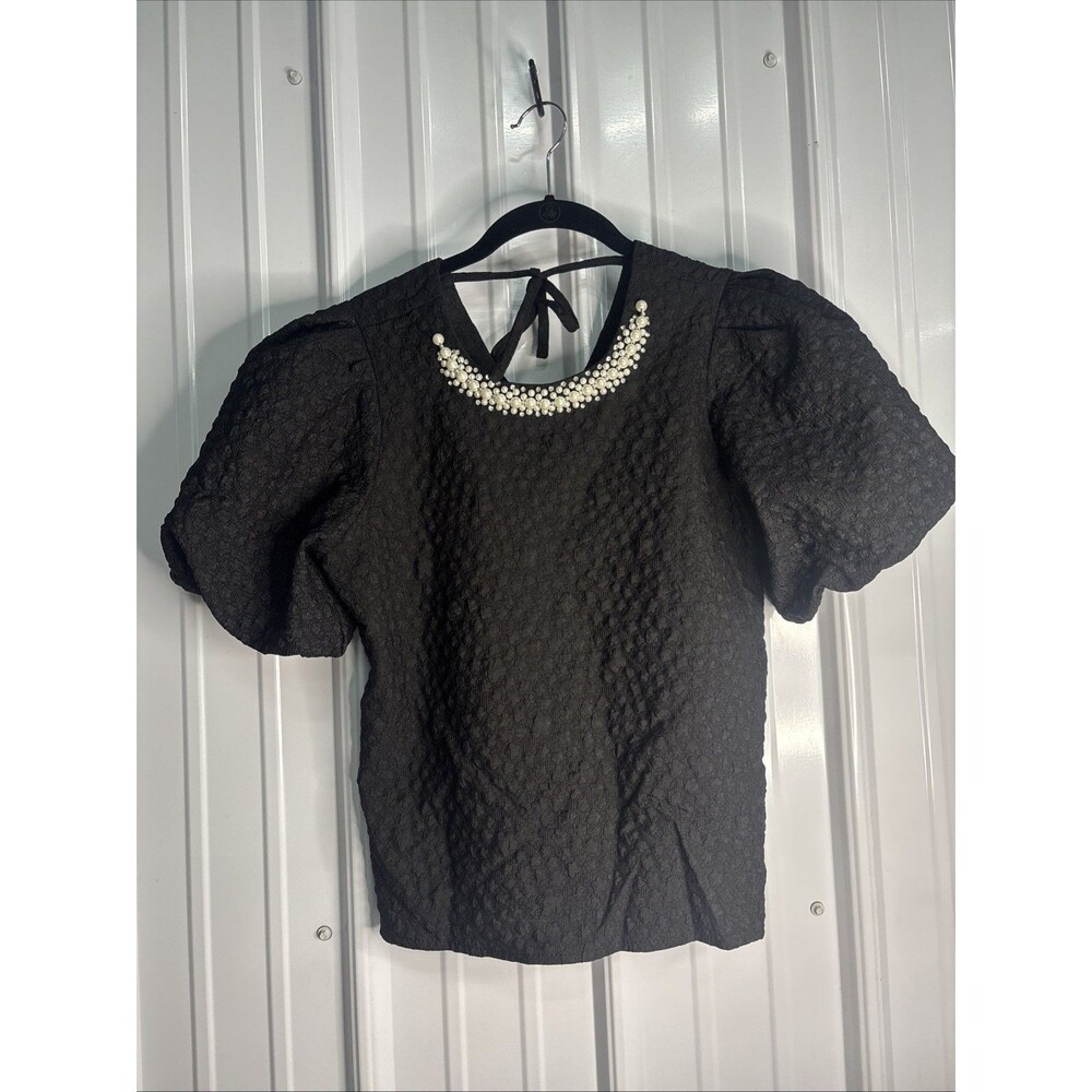 Anthropologie Hazel Black Puff Sleeve Beaded Top Size Small EUC